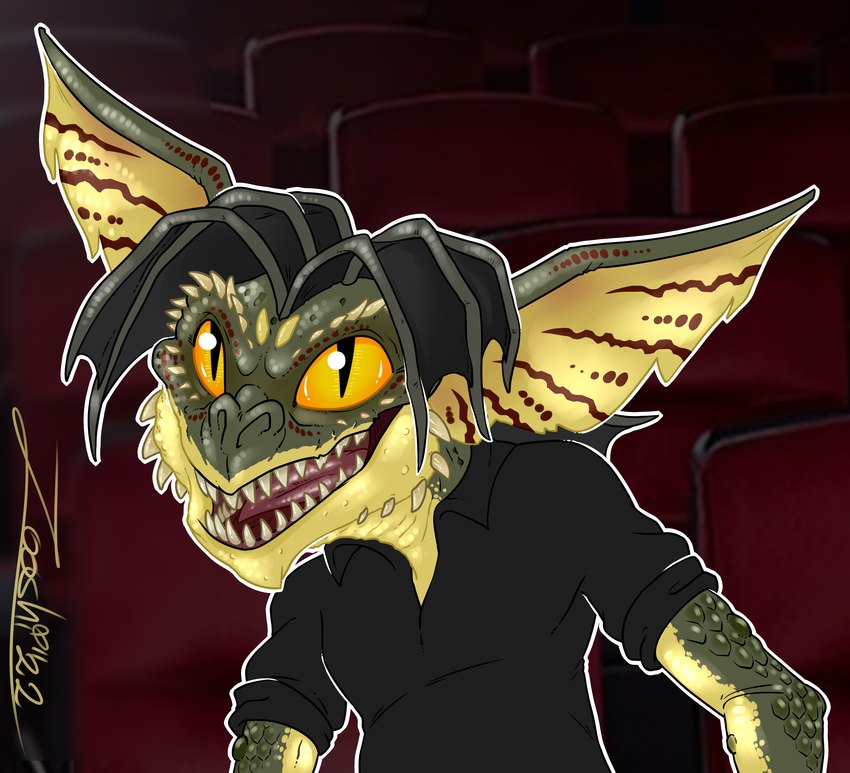 anthro green_body green_skin holidays male sharp_teeth solo spikes teeth yellow_eyes zooshi asian_mythology chinese_mythology east_asian_mythology gremlins halloween mythology fan_character zooshi_(character) gremlin gremlin_(gremlins) mogwai reptile scalie 2022 absurd_res hi_res