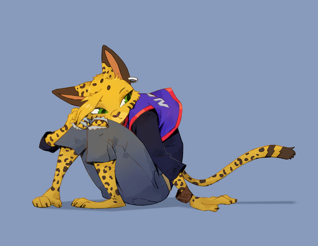 3_toes anthro barefoot bottomwear bracelet clothing denim denim_bottomwear denim_clothing ear_piercing ear_ring facial_markings feet female fur green_eyes head_markings head_tuft jeans jersey jewelry long_sleeves long_tail looking_aside looking_down markings on_ground pants piercing pointy_ears ring_piercing sad shirt simple_background sitting solo spots spotted_body spotted_fur spread_toes striped_markings stripes tail toes topwear torn_bottomwear torn_clothing torn_jeans torn_pants tuft yellow_body yellow_fur ruffu pepper_(ruffu) felid feline mammal digital_drawing_(artwork) digital_media_(artwork)