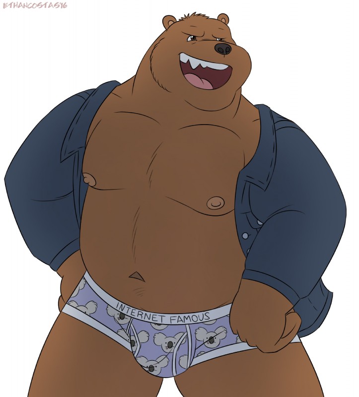 anthro anthrofied biped briefs brown_body bulge clothing front_view grin looking_away male moobs musclegut muscular muscular_anthro muscular_male navel nipples overweight overweight_anthro overweight_male pose simple_background smile solo standing underwear white_background ethancostas cartoon_network we_bare_bears grizzly_(we_bare_bears) nom_nom_(we_bare_bears) bear brown_bear grizzly_bear mammal ursine flat_colors hi_res pinup signature