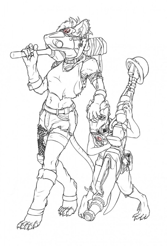 anthro armband armor belt breasts clothed clothing collar duo ear_piercing female fishnet_clothing gas_mask headgear helmet larger_female looking_at_viewer male mask midriff piercing simple_background size_difference smaller_male standing tail walking weapon white_background shycryptid chemrat kobold mammal murid murine rat rodent scalie hi_res spot_color