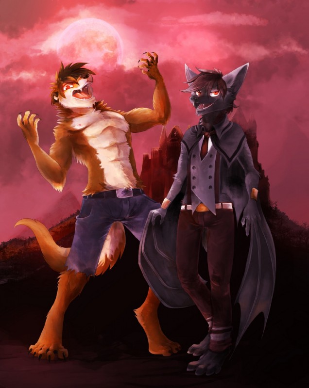 abs anthro biceps big_muscles duo fur holidays male muscular gothwolf halloween matthaeus bat mammal mustelid otter digital_media_(artwork) hi_res