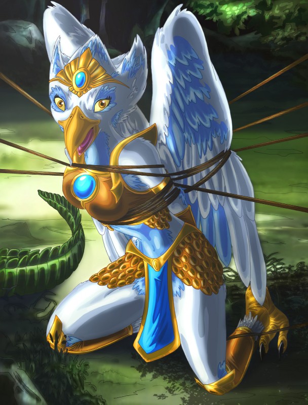 anthro armor bdsm beak blue_body blue_feathers bondage bottomwear bound breasts clothing duo eyelashes feathered_wings feathers feet female kneeling loincloth looking_at_viewer navel non-mammal_breasts open_mouth outside rope solo_focus submissive submissive_anthro submissive_female talons toes tongue white_body white_feathers wings yellow_eyes erikson1 legends_of_chima lego eris_(legends_of_chima) alligator alligatorid avian crocodilian reptile scalie hi_res