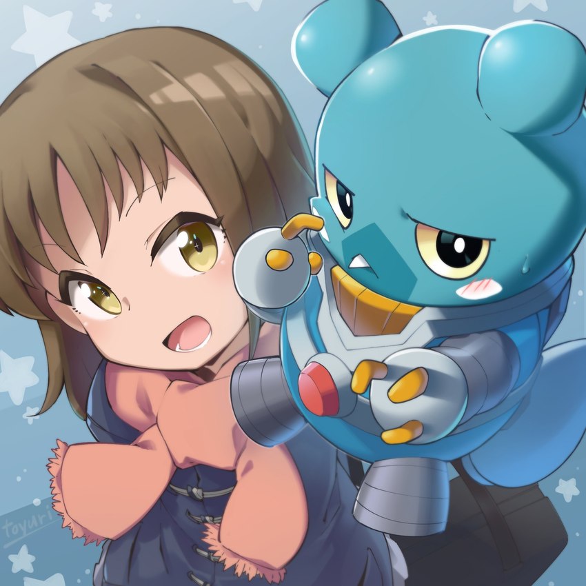 anthro blue_body blush brown_hair buckteeth duo female hair jet_pack male scarf teeth yellow_eyes toyuri_angrm bandai_namco digimon digimon_ghost_game aoi_(digimon_ghost_game) digimon_(species) espimon human mammal 1:1 hi_res