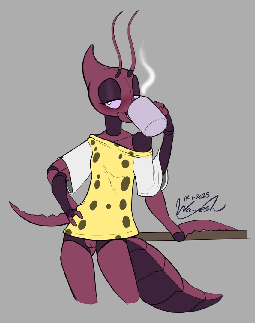 3_fingers 4_arms antennae_(anatomy) anthro arthropod_abdomen blush bottomless bottomless_anthro bottomless_female breasts clothed clothed_anthro clothed_female clothing coffee_mug drinking exoskeleton female female_anthro fingers genitals hand_on_hip mandibles multi_arm multi_limb pupils purple_body purple_exoskeleton purple_sclera pussy slim slim_anthro slim_female small_breasts solo white_pupils wayesh nickelodeon spongebob_squarepants isabella_(wayesh) arthropod ghost_mantis insect mantis hi_res signature