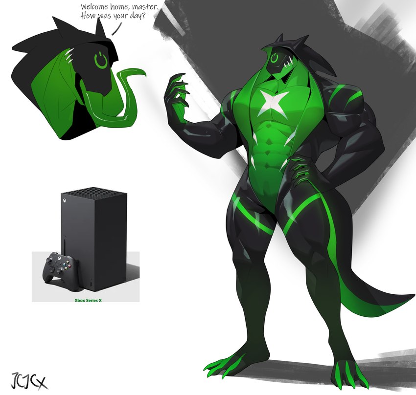 anthro anthrofied black_body claws electronics game_console hand_on_hip long_tongue male muscular muscular_anthro muscular_male solo synthetic text tongue tongue_out cxcxxcxxxx microsoft xbox xbox_game_studios xbox_series_x xbox_series_x/s 2022 absurd_res digital_media_(artwork) hi_res