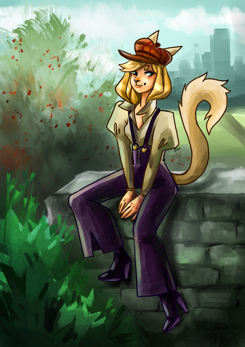 anthro blonde_hair blue_eyes clothed clothing fantasy female food france french fruit hair long_tail plant retro sitting smile solo strawberry tail town fennefox domestic_cat felid feline felis mammal absurd_res hi_res