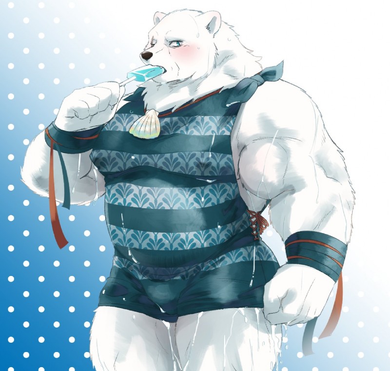 anthro belly blush clothed clothing food fur humanoid_hands male popsicle slightly_chubby solo wet white_body white_fur wrestling_singlet 00makumakuma00 kumao sdorica crushfang_(sdorica_sunset) bear mammal polar_bear ursine 2019 hi_res