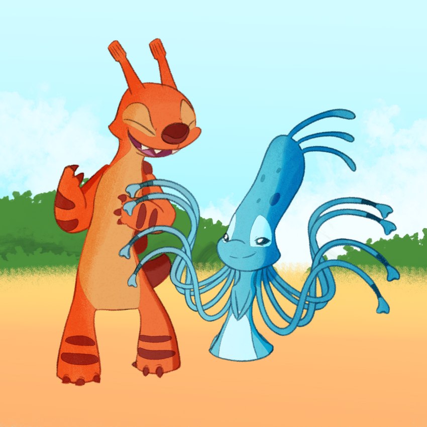 antennae_(anatomy) beach blue_body claws day duo female half-closed_eyes happy looking_at_another male markings narrowed_eyes open_mouth open_smile orange_body plant seaside sharp_teeth shrub smile spots teeth tentacles toe_claws ryuko_rose disney lilo_and_stitch yang_(lilo_and_stitch) yin_(lilo_and_stitch) alien experiment_(lilo_and_stitch) 1:1 2021 hi_res