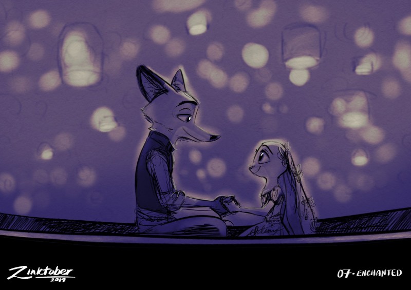 anthro anthro_on_anthro bottomwear clothed clothing dipstick_ears dress duo ear_markings fully_clothed hand_holding looking_at_another multicolored_ears pants shirt side_view topwear qalcove disney disney's_tangled_(film) inktober zootopia flynn_rider judy_hopps nick_wilde rapunzel_(disney) canid canine fox lagomorph leporid mammal rabbit red_fox true_fox 2019 hi_res restricted_palette