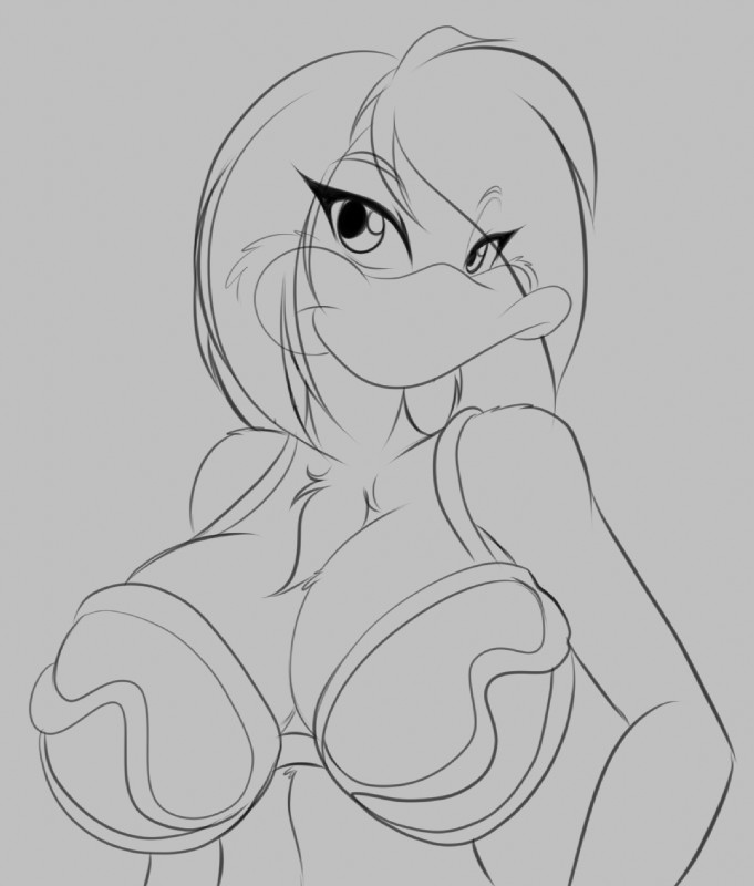 anthro beak big_breasts bikini breasts cleavage clothed clothing female hair huge_breasts non-mammal_breasts solo swimwear two-piece_swimsuit mastergodai knuckle_up! jupiter_(mastergodai) anatid anseriform avian bird duck 2015 hi_res monochrome