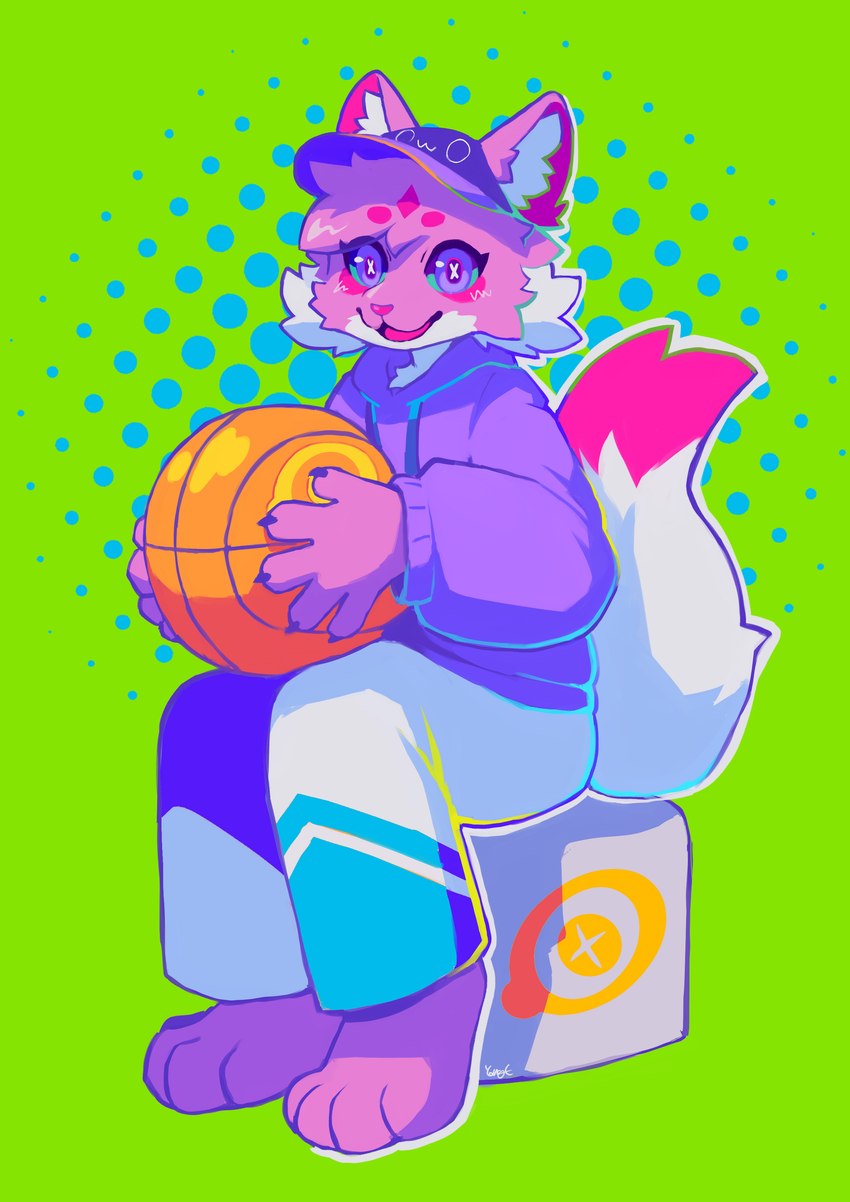 ambiguous_gender anthro ball basketball basketball_(ball) clothed clothing cross-eyed fluffy hat headgear headwear looking_at_viewer male open_mouth open_smile owo pink_body sitting smile solo tail text tongue tongue_out tuft white_body x_eyes color_fox amaverse vtuber patoune domestic_cat felid feline felis mammal absurd_res hi_res