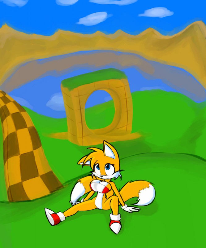 anthro big_breasts biped blue_eyes bottomless breasts cleavage clothed clothing cloud crossgender emerald_hill_zone featureless_crotch female huge_breasts lake lounging mountain mtf_crossgender multi_tail outside sitting skimpy sky solo tail topwear tube_top norithics sega sonic_the_hedgehog_(series) miles_prower canid canine fox mammal 5:6 hi_res