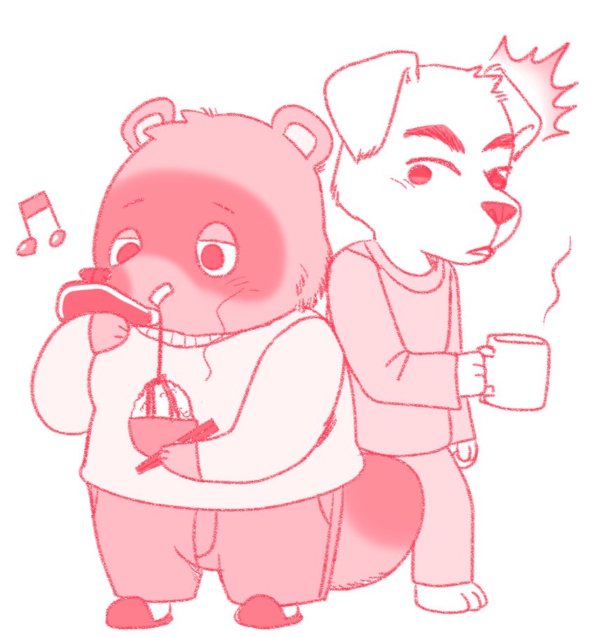 anthro biped bottomwear clothing container cup duo food kemono mug musical_note musical_symbol pants shirt slightly_chubby surprise sweater symbol topwear mujina_uranoya animal_crossing nintendo k.k._slider tom_nook_(animal_crossing) canid canine canis domestic_dog mammal raccoon_dog tanuki 2022