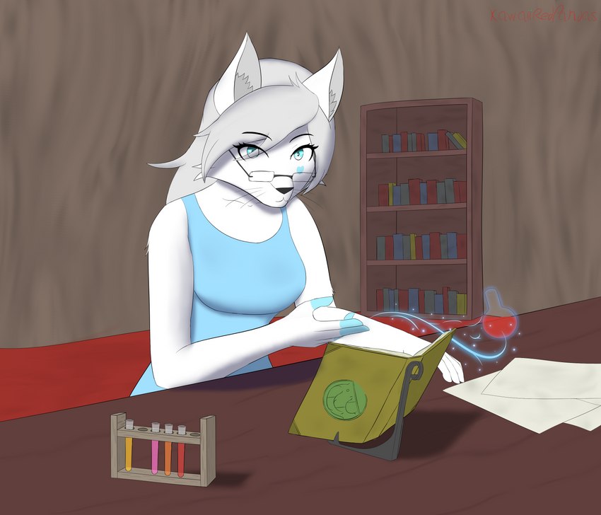 anthro blue_eyes book bookshelf breasts clothed clothing eyewear female fur fur_markings furniture glasses hair looking_at_viewer magic markings potion solo whiskers white_body white_fur white_hair kawaiiredpandas kate_(jacopthecroc) felid feline mammal absurd_res hi_res