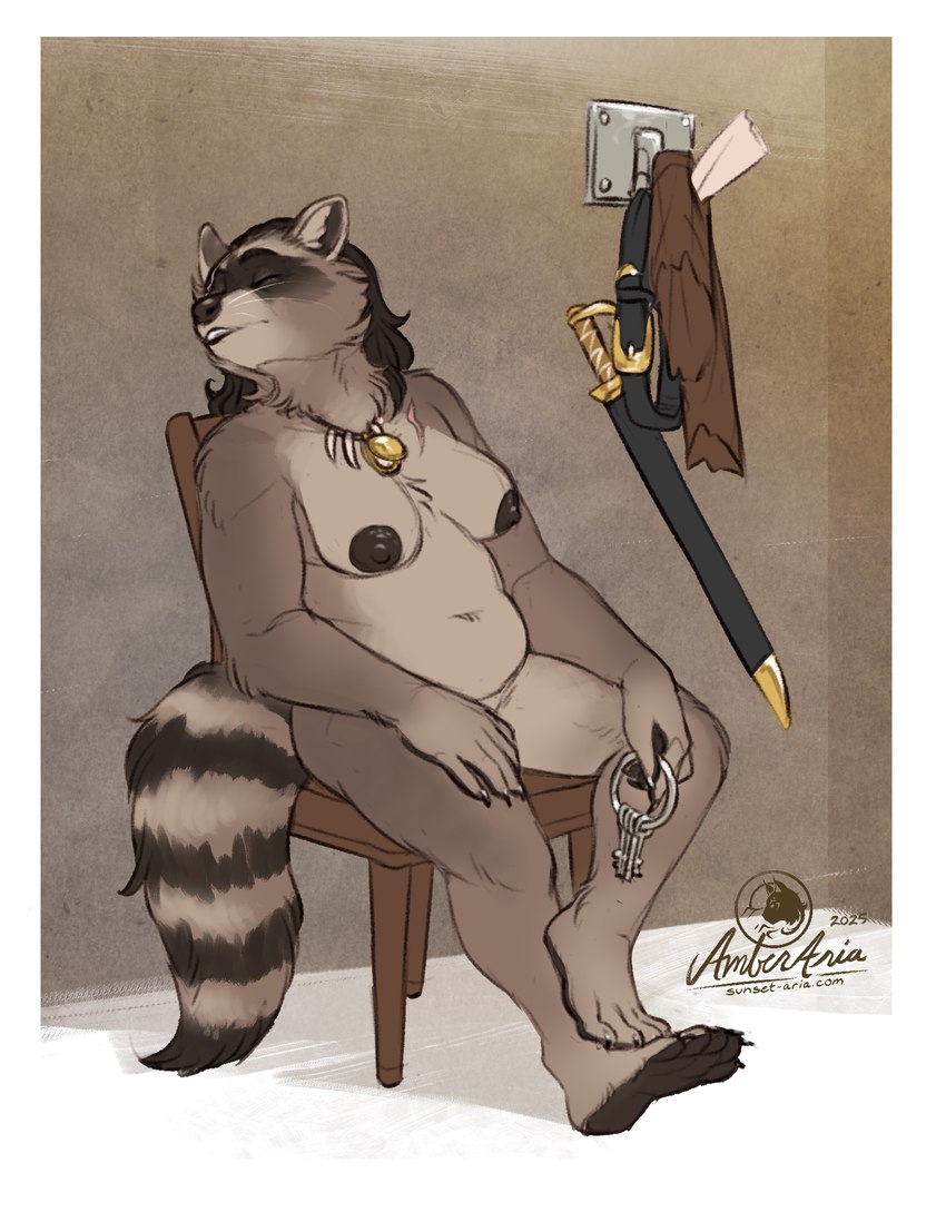 5_fingers 5_toes anthro belt big_breasts black_nose bottomwear breasts chair clothing cutlass discarded_clothing feet female fingers fur furniture grey_body grey_fur hindpaw humanoid_hands jewelry key keyring markings melee_weapon navel necklace nipples nude nude_anthro nude_female overweight overweight_anthro overweight_female paws pirate ring_(marking) ringed_tail scar shorts sleeping slightly_chubby slightly_chubby_anthro slightly_chubby_female solo striped_markings striped_tail stripes sword tail tail_markings text thick_thighs toes weapon amber-aria claire_(baron03) mammal procyonid raccoon 2025 hi_res signature url