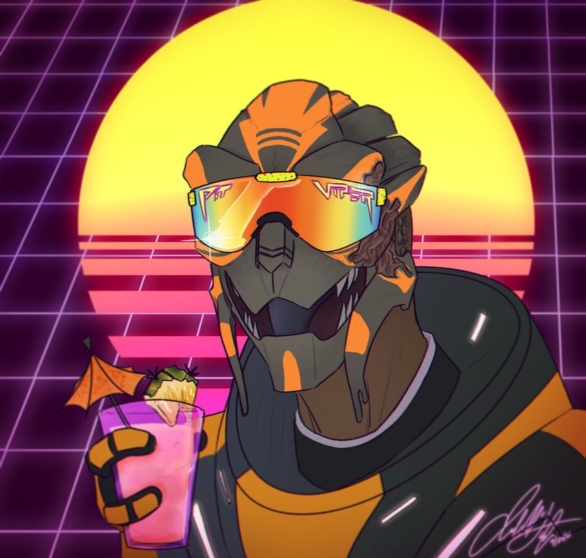 1980s_theme armor beverage bodypaint eyewear face_paint facial_scar male open_mouth scar solo sunglasses synthwave teeth tongue umbrella_drink keroa bioware electronic_arts mass_effect fabius_selacius alien turian hi_res