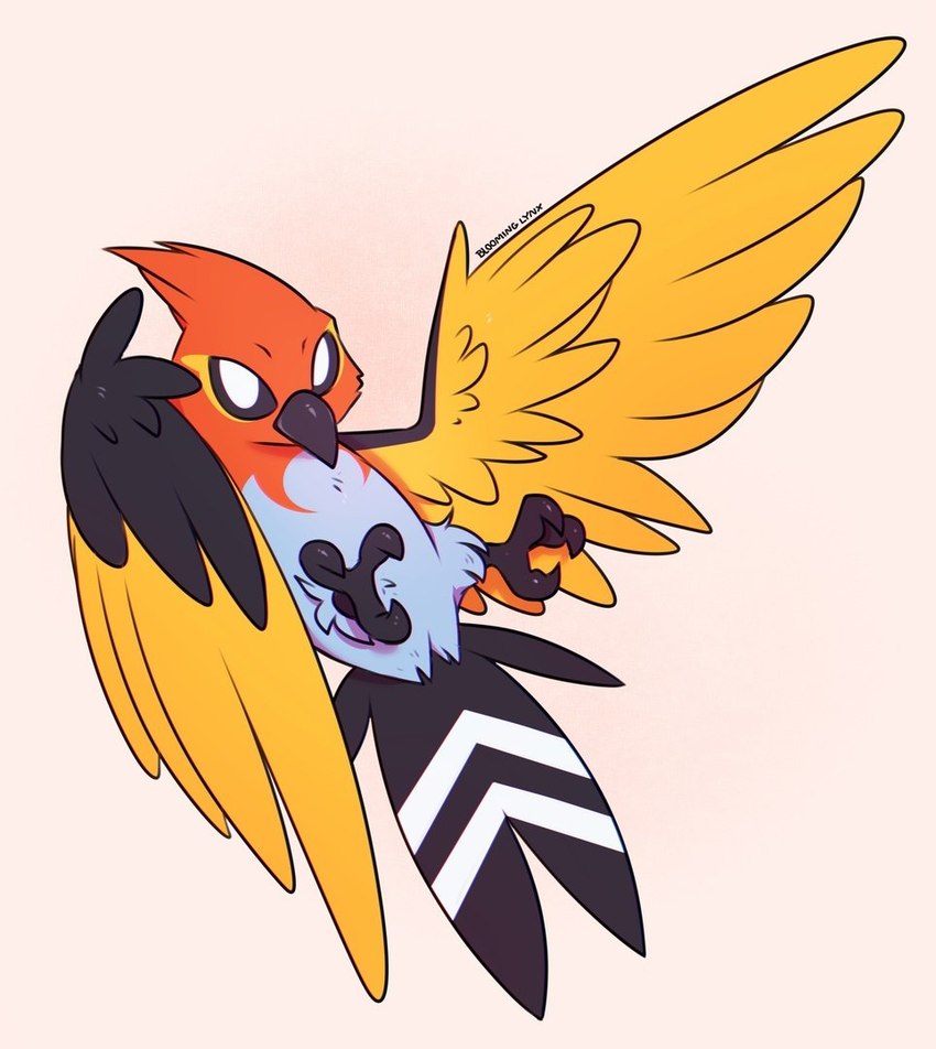 ambiguous_gender beak black_beak black_body black_feathers black_sclera black_wings feathers feral no_pupils simple_background solo white_eyes wings yellow_body yellow_feathers yellow_wings bloominglynx nintendo pokemon fletchinder generation_6_pokemon pokemon_(species) 2023 signature