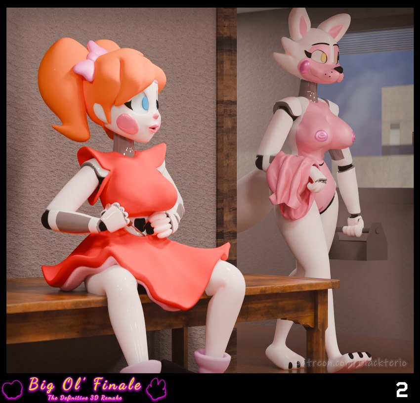 anthro blue_eyes bottomwear clothed clothing duo female female/female fingers fully_clothed hair machine nude orange_hair pink_clothing pink_suit red_bottomwear red_clothing red_skirt red_topwear skirt suit topless topwear white_body blackterio five_nights_at_freddy's scottgames sister_location circus_baby_(fnaf) funtime_foxy_(fnaf) animatronic canid canine fox humanoid mammal robot 2024 3d_(artwork) blender_(artwork) digital_media_(artwork) hi_res