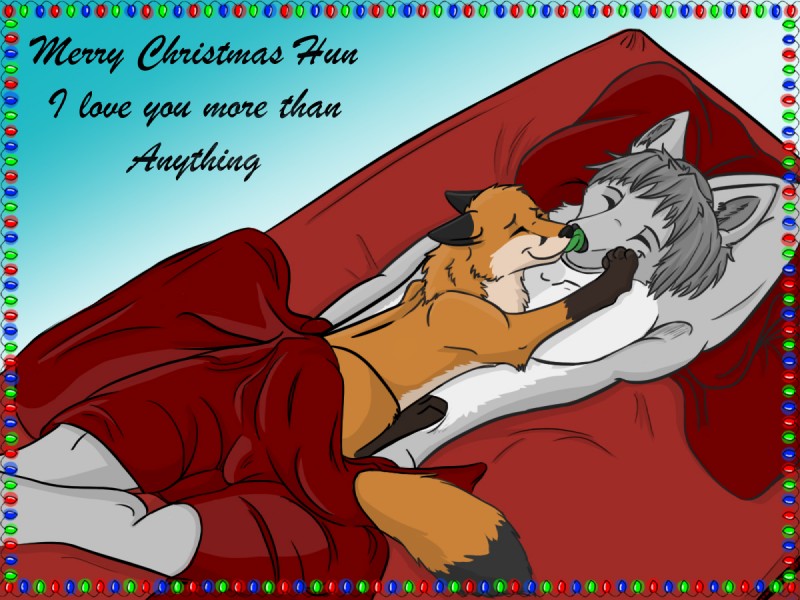 anthro bed bedding biped blanket cuddling duo feral fur furniture green_tongue grey_body grey_fur holidays licking love male on_bed orange_body orange_fur pillow quadruped romantic romantic_couple text tongue tongue_out sessinoga christmas rommy_winterlight shin_lehra canid canine canis fox mammal wolf 4:3 english_text