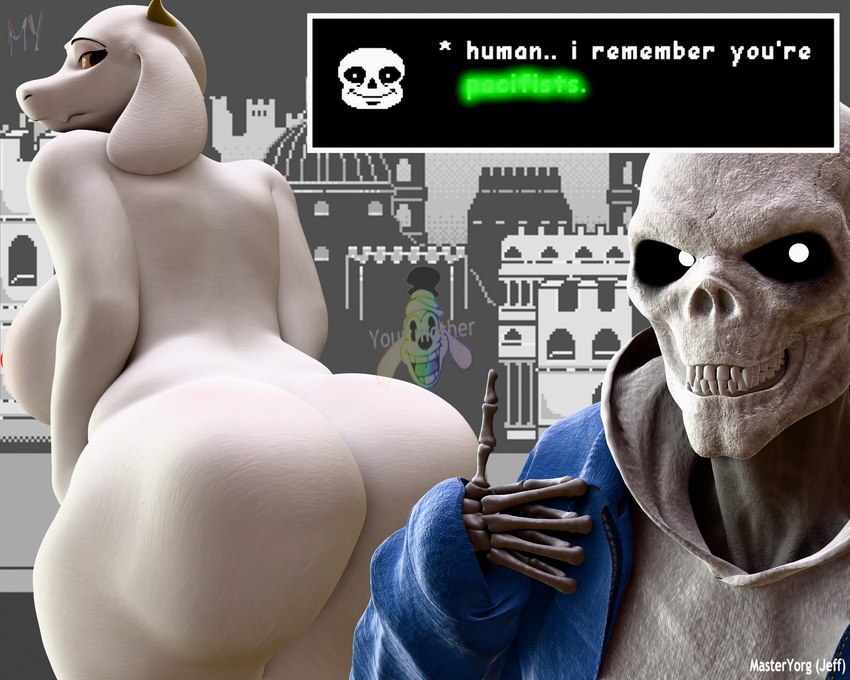 anthro big_breasts big_butt bone breasts butt clothed clothing cursed_image duo female fully_clothed gesture hand_gesture horn long_ears looking_back male nude skeleton smile text thumbs_up white_eyes master_yorg undertale_(series) sans_(undertale) toriel warfare_toriel animated_skeleton boss_monster_(undertale) bovid caprine goat mammal undead 5:4 english_text hi_res meme