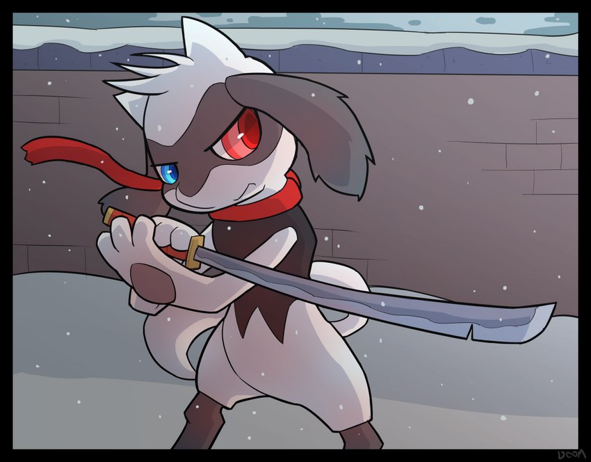 anthro blue_eyes fur heterochromia male melee_weapon red_eyes scarf snow solo sword wall_(structure) weapon white_body white_fur infinitydoom nintendo pokemon generation_4_pokemon pokemon_(species) riolu