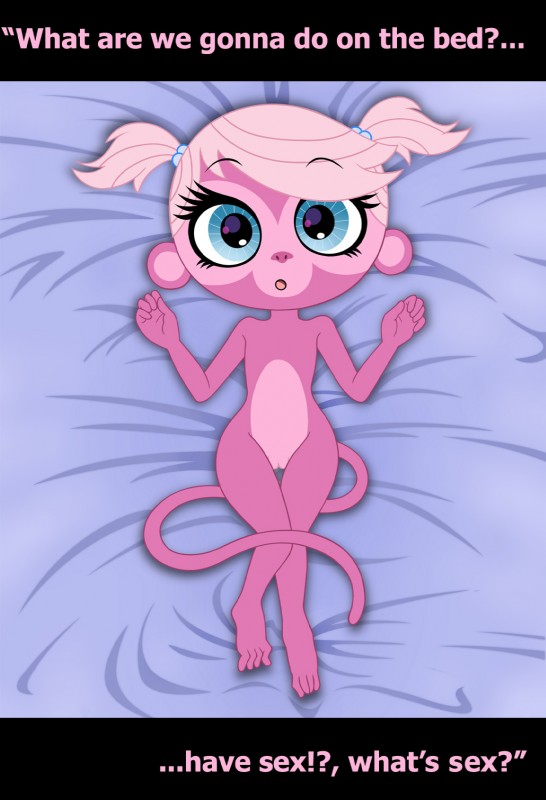 anthro barefoot biped feet female fur genitals hair looking_at_viewer open_mouth pink_body pink_fur pink_hair pink_nose pussy simple_background solo text nowhereman hasbro littlest_pet_shop littlest_pet_shop_(2012) minka_mark haplorhine mammal monkey primate 2014 hi_res letterbox