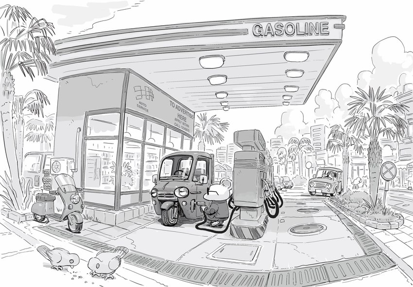 amazing_background anthro biped bottomwear car clothing cloud compact_car detailed_background eyewear feral gas_station group inside_car inside_vehicle motor_vehicle motorcycle outside pants plant scenery_porn sunglasses tree vehicle ryo_yambe avian bird mammal mouse murid murine rodent 2023 detailed greyscale hi_res monochrome