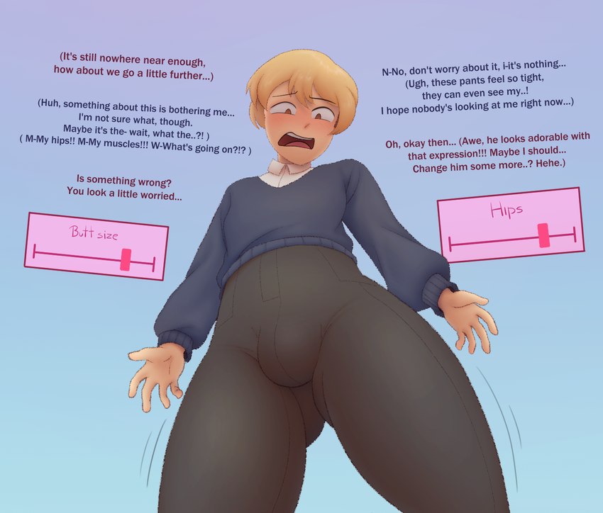 bulge butt butt_expansion dialogue expansion hip_expansion male not_furry offscreen_character solo text transformation wide_hips zorym human mammal english_text