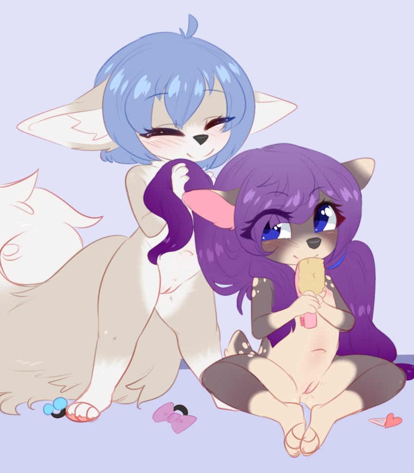 anthro blue_eyes blue_hair blush brush casual_nudity duo female female/female flat_chested fur genitals grey_body grey_fur hair hairbrush navel nipples nude purple_hair pussy sitting standing tan_body tan_fur white_body white_fur young young_anthro aoizuri lynnelle canid canine deer fennec_fox fox mammal true_fox