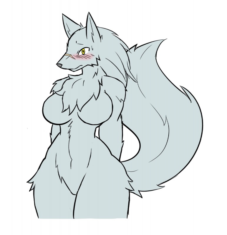 anthro big_breasts blush bodily_fluids breasts chest_tuft embarrassed exposure_variation featureless_breasts featureless_crotch female fluffy fluffy_tail fur grey_body grey_fur half-closed_eyes looking_at_viewer muscular muscular_anthro muscular_female narrowed_eyes navel nude scar simple_background solo sweat tail thick_thighs tuft white_background wide_hips rakkuguy velvela canid canine canis mammal wolf hi_res