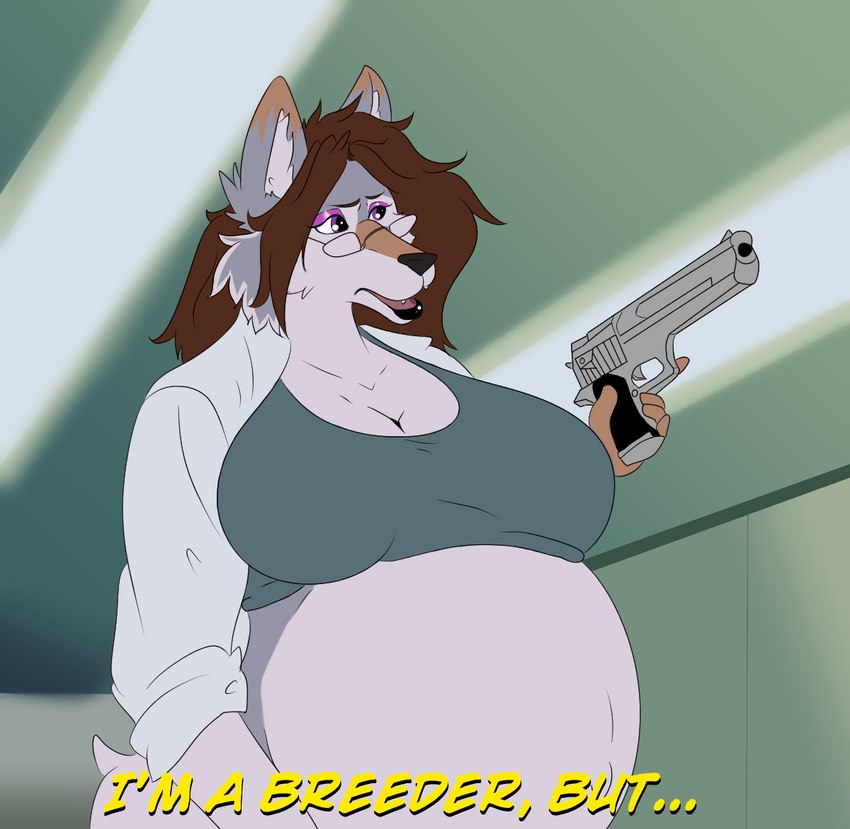 anthro desert_eagle female gun handgun pistol pregnant pregnant_anthro pregnant_female ranged_weapon simple_background solo weapon maxim_theos diana_(idontknow2) canid canine canis mammal wolf colored meme