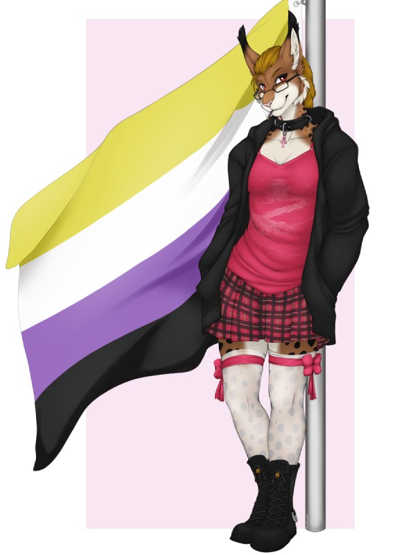 accessory anthro blonde_hair boots bottomwear bow_(feature) bow_garter clothed clothing collar eyewear female flag flag_(object) flagpole footwear garter glasses hair leg_garter legwear lgbt_pride nonbinary_pride_colors pattern_bottomwear pattern_clothing pattern_skirt pink_ribbon plaid plaid_bottomwear plaid_clothing plaid_skirt pride_color_flag pride_colors red_eyes ribbons shoes skirt solo standing stockings thigh_bow twin_bows twin_garter_bows accelo felid feline lynx mammal 2019 digital_media_(artwork) hi_res nonbinary_(lore)