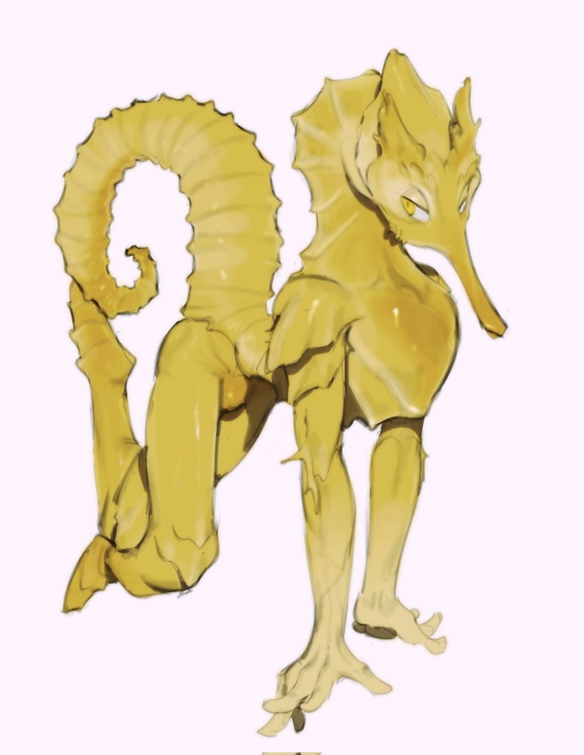 all_fours anthro biped male pose simple_background solo tail white_background yellow_body yellow_eyes kogito fish marine seahorse syngnathid syngnathiform 2023 digital_media_(artwork) hi_res