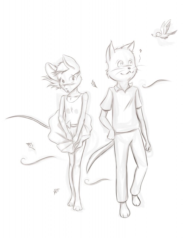 anthro beak bottomwear clothed clothing duo embarrassed female fur leaf male simple_background skirt tail tail_under_skirt white_background wind wind_lift risingdragon avian bird domestic_cat felid feline felis mammal mouse murid murine rodent absurd_res hi_res