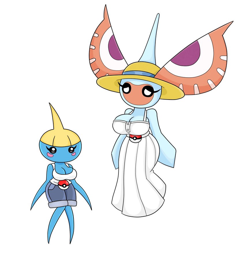 antennae_(anatomy) anthro black_eyes blue_body bottomwear breasts clothed clothing dress duo female hat headgear headwear pokeball shirt shorts simple_background topwear white_background white_clothing white_dress white_shirt white_topwear wings urusee584 game_freak nintendo pokemon generation_3_pokemon masquerain pokemon_(species) surskit hi_res