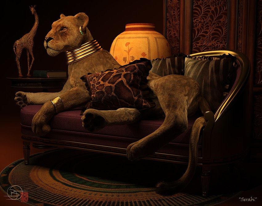 carpet chair ear_piercing female feral furniture inside looking_aside lounge_chair lying on_side pawpads piercing solo tail sherwood felid lion mammal pantherine 2023 3d_(artwork) digital_media_(artwork)