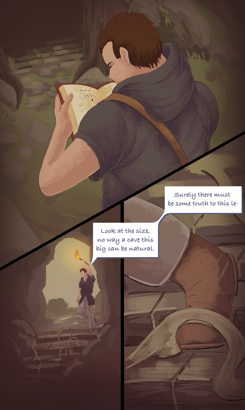 book bound_(bound_by_dragons) cave dialogue distracted fantasy male solo speech_bubble text torch tripping prehistoric_predation bound_by_dragons human mammal 3:5 absurd_res comic digital_media_(artwork) digital_painting_(artwork) english_text hi_res