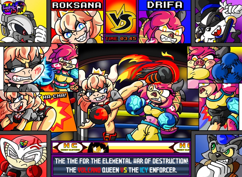 bottomwear boxing boxing_gloves breasts clothed clothing crown female fighting_ring fur hair handwear headgear horn kick male muscular punching_face shirt shorts spikes sport tail tank_top topwear eggbot15 mythology sega sonic_the_fighters sonic_the_hedgehog_(series) drifa_(eggbot15) fan_character honey_the_cat roksana_(eggbot15) armadillo dragon felid leopard mammal mythological_creature mythological_scalie pantherine scalie suid suina warthog xenarthran absurd_res digital_media_(artwork) hi_res