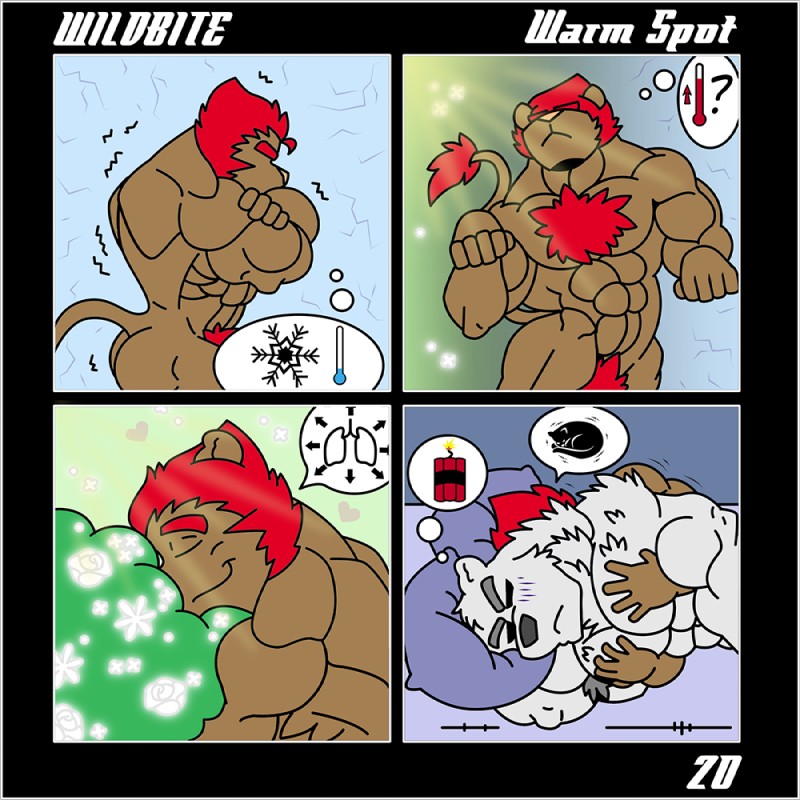 angry anthro anthro_on_anthro bed biceps blush body_hair chest_hair dialogue dream duo dynamite explosives fire fur furniture male male/male muscular muscular_male nude pecs pubes text white_body white_fur rubberbuns frostbite_(rubberbuns) wildfire_(rubberbuns) bear felid lion mammal pantherine polar_bear ursine 1:1 comic english_text