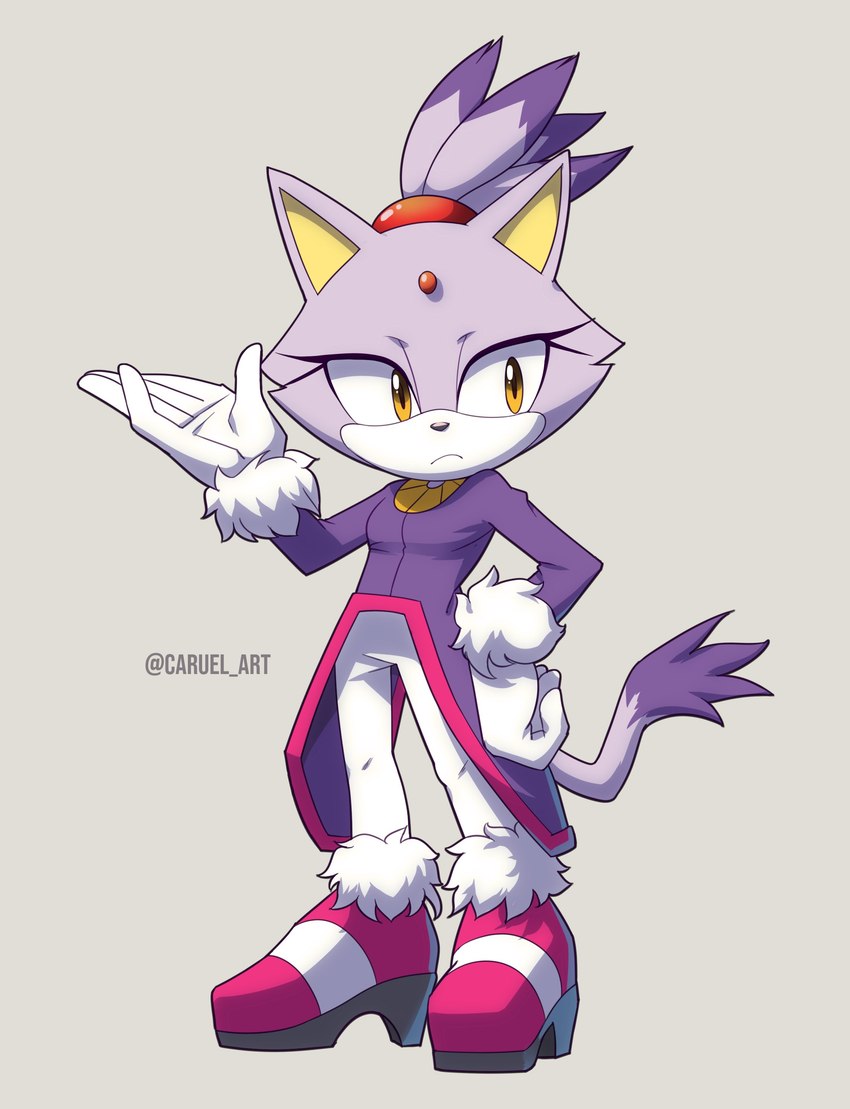 5_fingers anthro biped clothed clothing dipstick_tail eyelashes female fingers front_view fully_clothed fur gloves grey_background hair handwear markings ponytail purple_body purple_fur simple_background solo standing tail tail_markings yellow_eyes caruel_art sega sonic_the_hedgehog_(series) blaze_the_cat domestic_cat felid feline felis mammal 2023 absurd_res artist_name full-length_portrait hi_res portrait