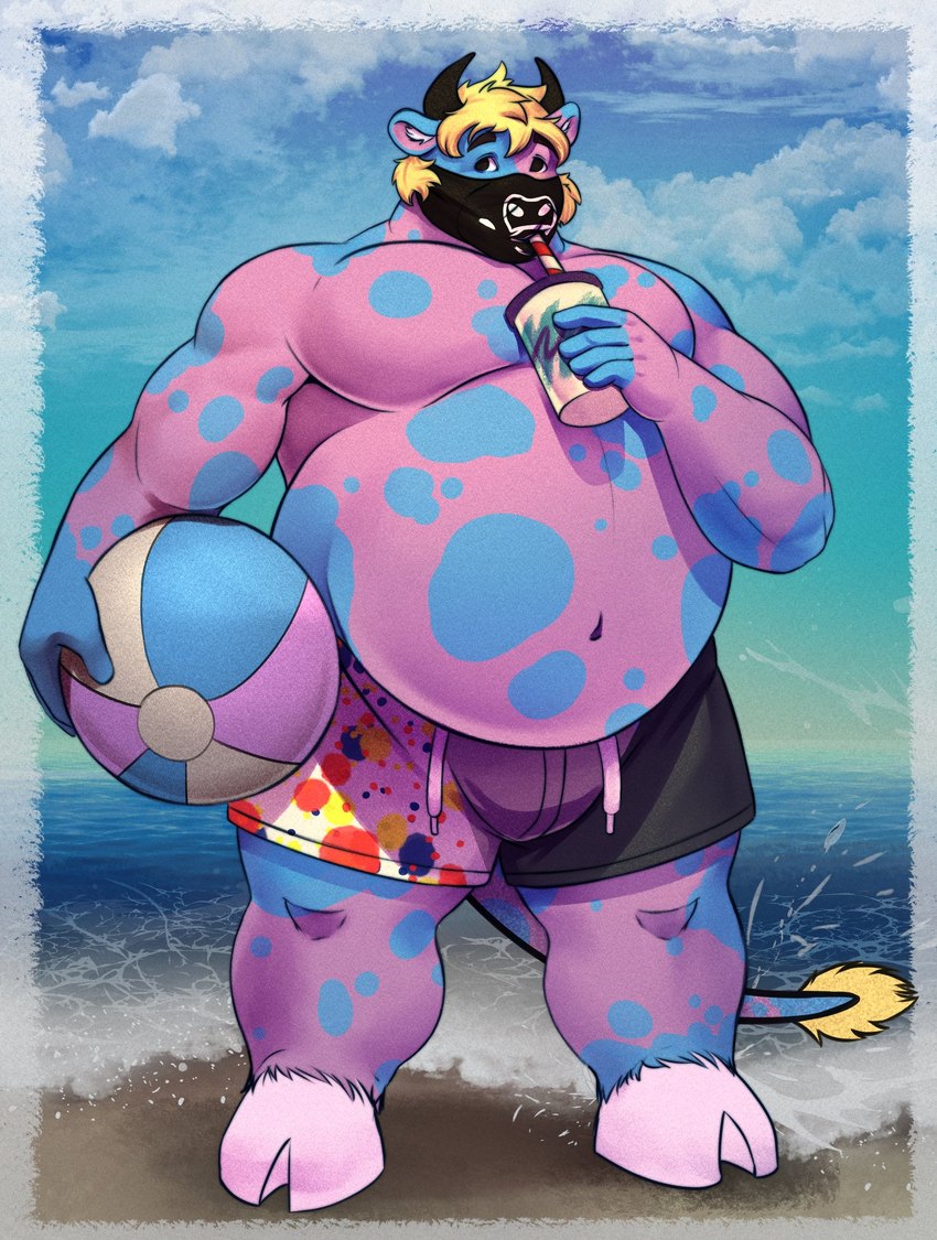 anthro ball beach beach_ball belly beverage black_clothing black_horn black_mask black_swimming_trunks black_swimwear blonde_hair blue_sky blue_spots bottomwear clothing cloud container cup drinking drinking_straw fingerless_(marking) fur gloves_(marking) hair holding_ball holding_object hooves horn inflatable male markings multicolored_bottomwear multicolored_clothing multicolored_swimming_trunks multicolored_swimwear overweight overweight_anthro overweight_male pink_body pink_fur polka_dot_clothing polka_dots sand sky solo spots spotted_body spotted_fur standing swimming_trunks swimwear tail tail_tuft tuft wave cobaltgrande relpy_(relpythebull) bovid bovine cattle mammal 2022 hi_res