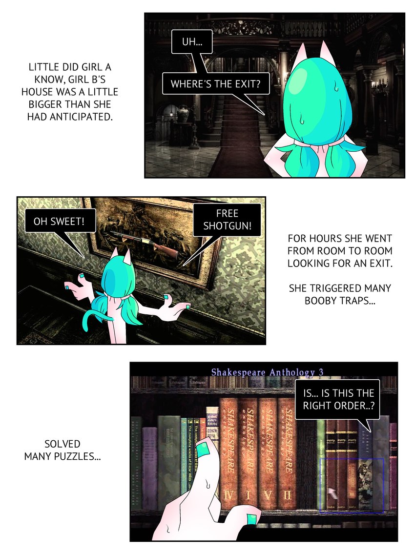anthro blue_fingernails blue_hair blue_nails colored_nails female fingernails gun hair humor nails nude ranged_weapon references shotgun solo weapon ponporio capcom resident_evil the_disappearance_of_girl_a girl_a felid mammal absurd_res comic hi_res