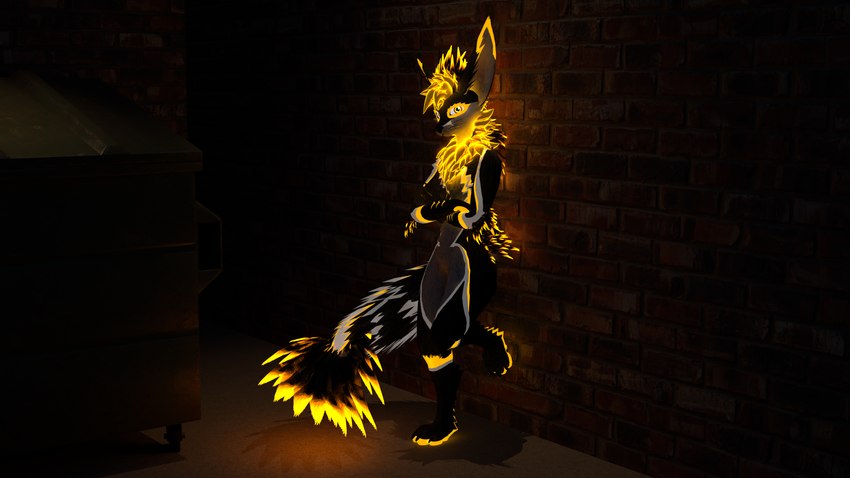 anthro bioluminescence black_body brick_wall dumpster feathers fur glowing glowing_body glowing_fur gold_markings leaning_on_wall looking_at_viewer male markings solo stripes wall_(structure) white_stripes yellow_body yellow_eyes yellow_feathers yellow_fur xevianlight ascended_xevian xevian_(xevianlight) rexouium 16:9 3d_(artwork) 4k absurd_res digital_media_(artwork) hi_res widescreen