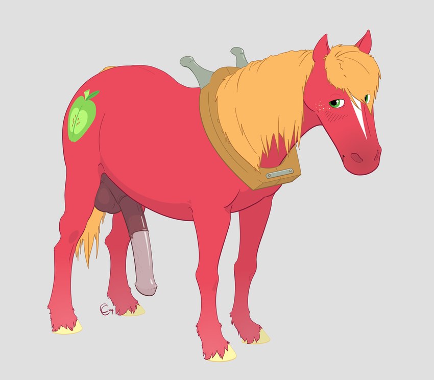 animal_genitalia animal_penis balls cutie_mark equine_genitalia equine_penis erection feral fur genitals green_eyes male penis plow_yoke red_body red_fur solo causationcorrelation friendship_is_magic hasbro my_little_pony big_macintosh_(mlp) equid equine horse mammal pony 2024 hi_res