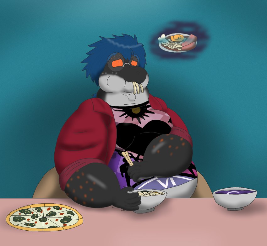 anthro belly big_belly big_moobs eating eyewear food glasses huge_belly imagination male moobs noodles overweight overweight_male pizza ramen resisting solo soup wearing_glasses alythewolfcat peregrine_(eth) gecko lizard reptile scalie hi_res