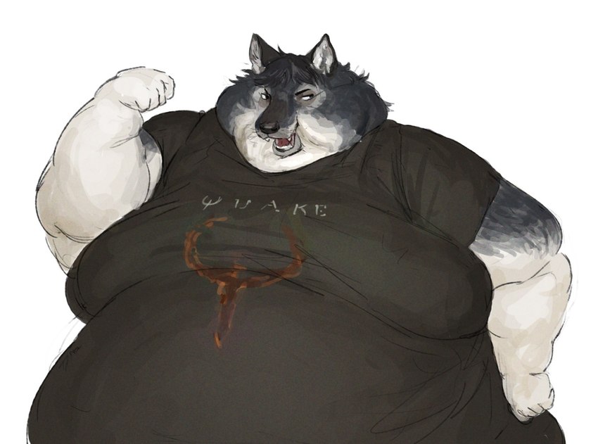 anthro belly big_belly clothing male moobs morbidly_obese morbidly_obese_anthro morbidly_obese_male obese obese_anthro obese_male open_mouth overweight overweight_anthro overweight_male shirt simple_background solo topwear white_background cettus id_software microsoft quake kurtis_ziegler canid canine canis mammal wolf 2021