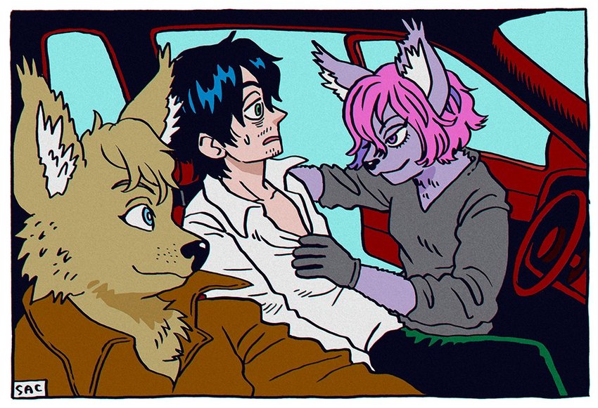 anthro black_hair blue_eyes brown_body brown_fur car car_interior clothed clothing dominant dominant_female female fur gloves green_eyes group hair handwear inside_car inside_vehicle male pink_hair purple_body purple_eyes purple_fur steering_wheel submissive submissive_male suggestive trio vehicle kaneoya_sachiko canid canine human mammal 2024 digital_media_(artwork)