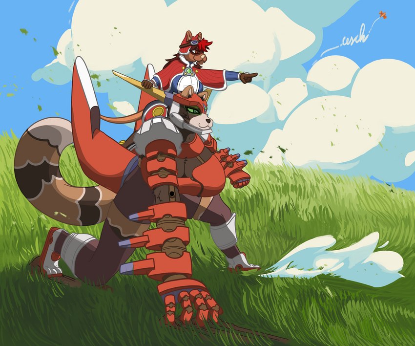 anthro big_breasts big_butt breasts brown_body brown_fur butt clothed clothing cloud cosplay crossgender detailed_background duo female female/female field fur grass hair huge_breasts huge_butt larger_female machine mecha mtf_crossgender outside plant scenery short_stack size_difference sky smaller_female smile standing thick_thighs topwear wide_hips ceschi cyberconnect2 little_tail_bronx solatorobo brews_(dyed) ceschi_(ceschi) dahak_(solatorobo) red_savarin canid canine canis gulonine mammal marten mustelid musteline procyonid raccoon raccoon_dog tanuki 2021 6:5 absurd_res detailed digital_media_(artwork) hi_res