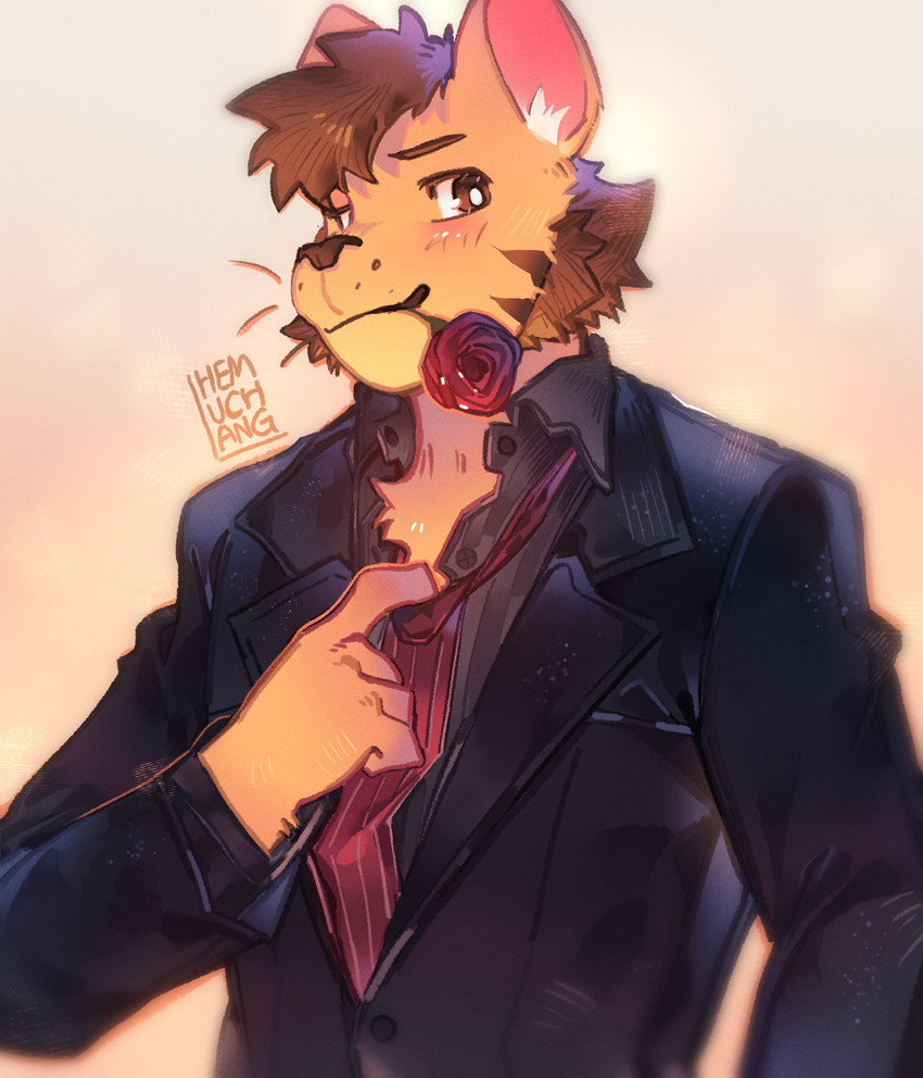 black_clothing black_dress_shirt black_topwear black_vest blush blush_lines brown_eyes brown_hair clothing flower flower_in_mouth fur hair looking_at_viewer male necktie plant red_necktie rose_(flower) slim_anthro slim_male solo topwear vest yellow_body yellow_fur hemuchang felid mammal pantherine tiger 2022 absurd_res hi_res