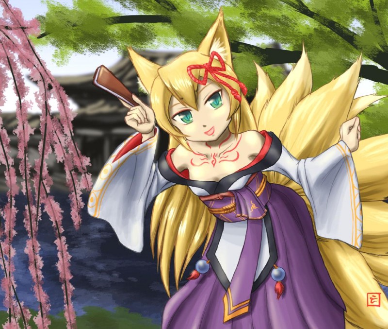 blonde_hair female green_eyes hair looking_at_viewer monster_girl_(genre) multi_tail solo tail tattoo reikwom monster_girl_quest tamamo animal_humanoid canid canid_humanoid canine canine_humanoid fox fox_humanoid humanoid mammal mammal_humanoid